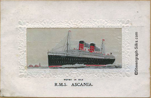 Ocean liner sailing left,  with two funnels and two masts