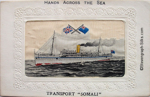 Ocean liner with single yellow funnel, and two flags above ship