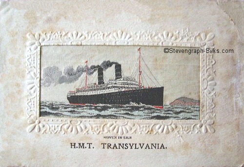 Ocean liner sailing right, with two black funnels with white bands and two masts