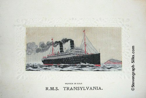 Ocean liner steaming half right with two black funnels with white bands