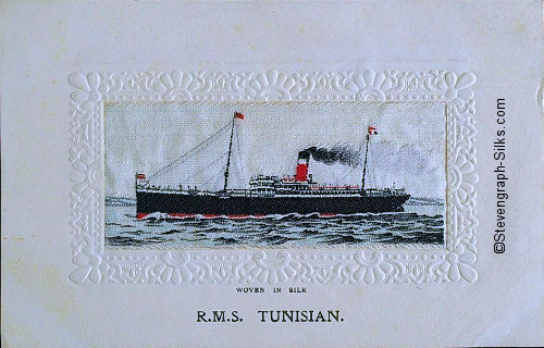 Small oean liner with single red funnel with white band and black top and two masts.