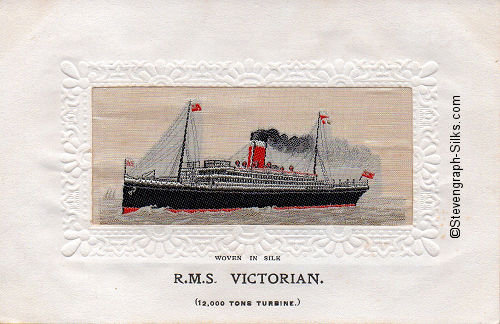 Ocean liner with one red funnel with white band and black top and two masts