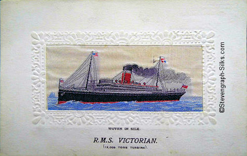 Ocean liner with one red funnel with white band and black top and two masts, and with blue sea