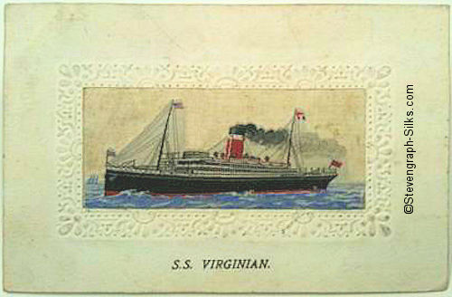 Ocean liner steaming left with one red funnel with white band and black top and two masts, with blue sea