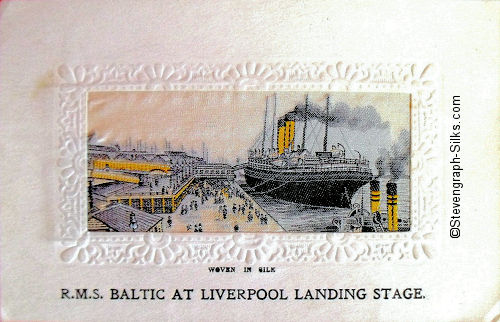 Busy Liverpool docks with rear view of ocean liner.