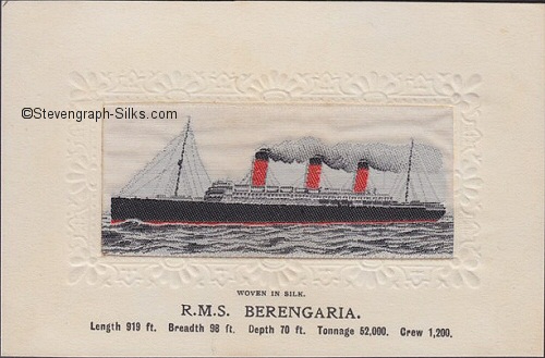 Large ocean liner with three red funnels
