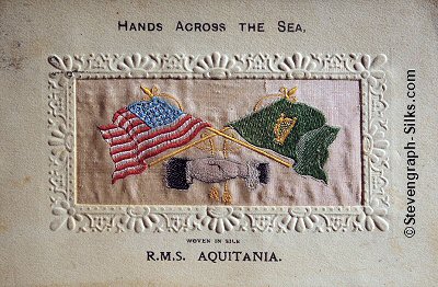 Hands Across the Sea postcard, with scalloped embossing round silk