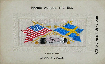 Hands Across the Sea postcard, with American type embossed card mount