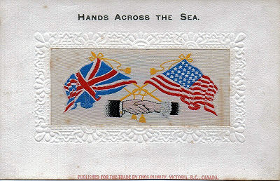 Hands Across the Sea postcard with Great Britain and USA flags, and no ships name