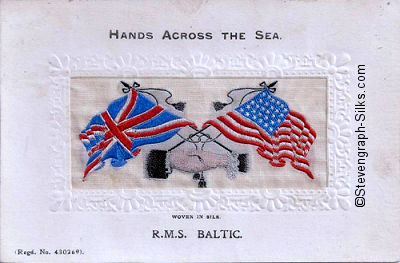 Hands Across the Sea postcard, with black tassles and slight variation in tassles, ropes and thumb on woman's hand