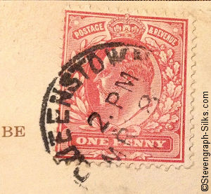 close up view of postmark on the Reverse of this postcard