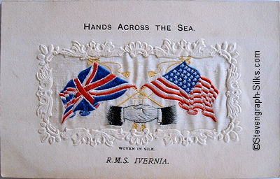 Hands Across the Sea postcard, with American type embossed card mount