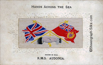 Hands Across The Sea silk postcard, with hands, flags tassles