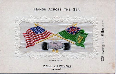 Hands Across the Sea postcard - with USA type embossing on frame round silk