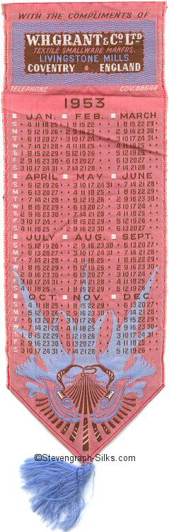 Bookmark with Grant name and calendar for 1953