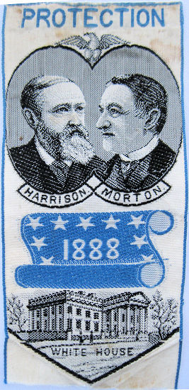 ribbon with title word, portraits of Harrison and Morton and 1888 date
