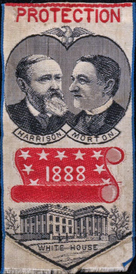 ribbon with title word, portraits of Harrison and Morton and 1888 date