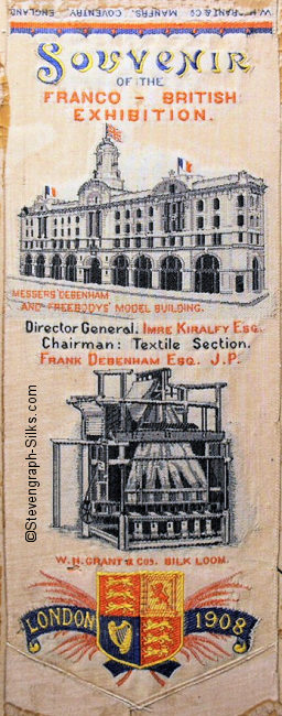 Bookmark with words and image of Debenham's store and silk weaving loom