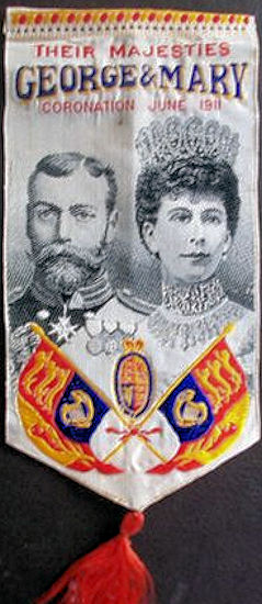 ribbon with words and portrait images of King George V and Queen Mary