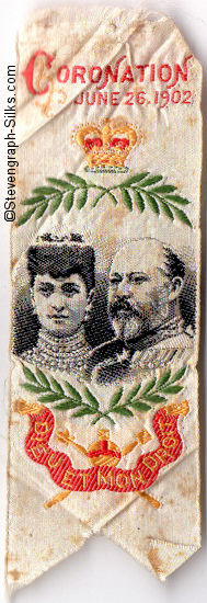 Bookmark ribbon with title words and portrait images of King Edward VII and Queen Alexandra