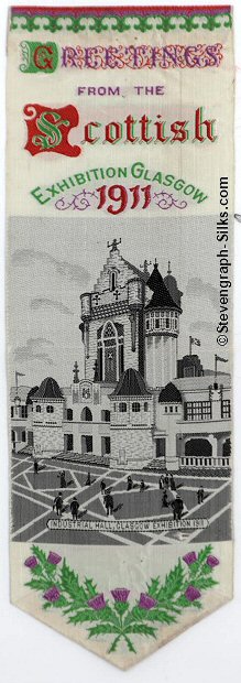 Bookmark with title words, and image of the Industrial Hall, Glasgow Exhibition, 1911