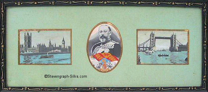 Three silk pictures in one frame, with no title, but comprising individual silks of 'Houses of Parliament', 'portrait of King Edward VII', and 'Tower Bridge'