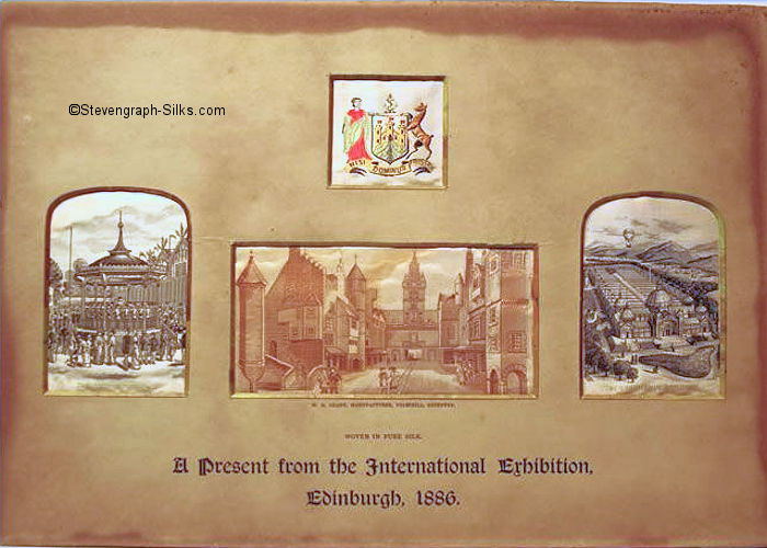 Four silk pictures in one frame, with the title, 'A Present from the International Exhibition, Edinburgh 1886'.  The mount contains the Edinburgh City Coat of Arms, and individual silks titled 'The Band Stand', untitled 'The Old Edinburgh Street', and 'The Exhibition Buildings')