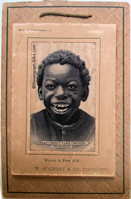 woven silk with title words and image of a young boy