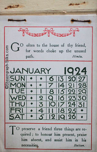 Image of calendar part of this silk, concealed below the lift up flap containing the woven silk.