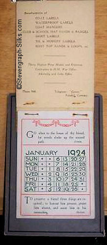 Image of calendar part of this silk, concealed below the lift up flap containing the woven silk.