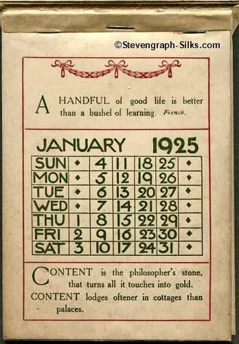 Image of calendar part of this silk, concealed below the lift up flap containing the woven silk.