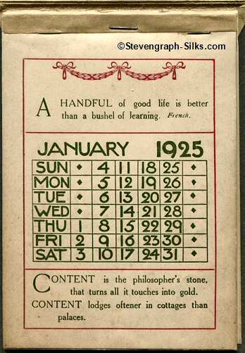 Image of calendar part of this silk, concealed below the lift up flap containing the woven silk.