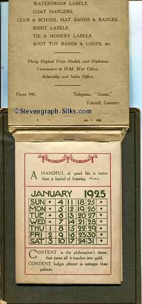 Image of calendar part of this silk, concealed below the lift up flap containing the woven silk.
