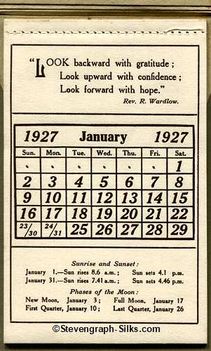 Image of calendar part of this silk, concealed below the lift up flap containing the woven silk.