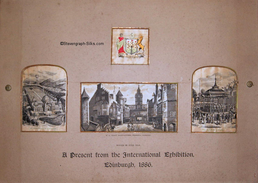 Four silk pictures in one frame, with the title, 'A Present from the International Exhibition, Edinburgh 1886'.  The mount contains the Edinburgh City Coat of Arms, and individual silks titled 'The Exhibition Buildings', untitled 'The Old Edinburgh Street', and 'The Band Stand')