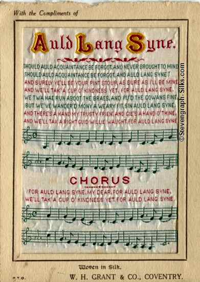 woven silk with title of Auld Lang Syne and words of the song