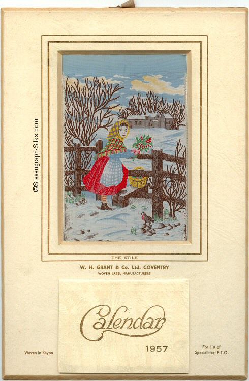 Winter scene, with a young lady holding a bunch of holly, about to cross over a rural stile.