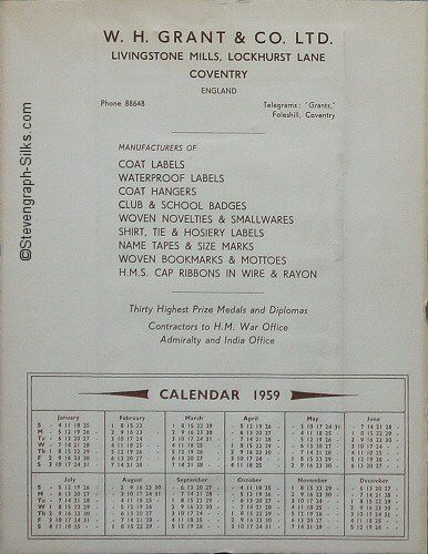 Reverse of the Grant Alighting mallard duck calendar, showing the 1959 calendar for the whole year.