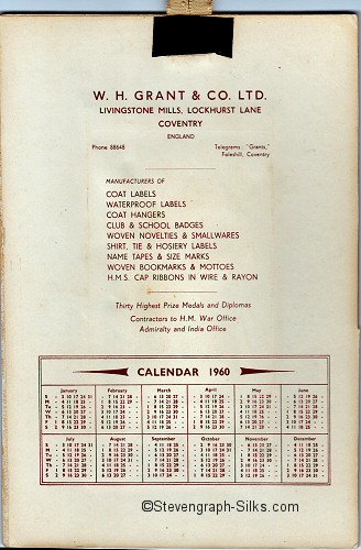 Reverse of the Grant Tropical Fish calendar, showing the 1960 calendar for the whole year.