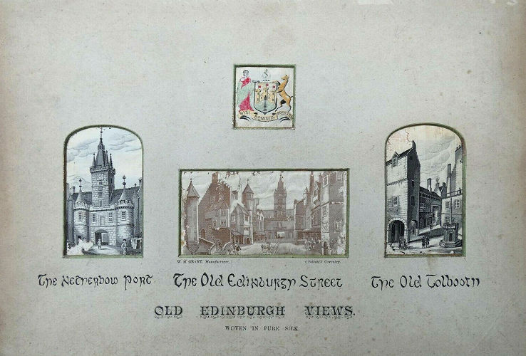 Four silk pictures in one frame, with the title, 'Old Edinburgh Views'.  The mount contains the Edinburgh City Arms, 'The Netherbow Port', 'The Old Edinburgh Street' and 'The Old Tolbooth')