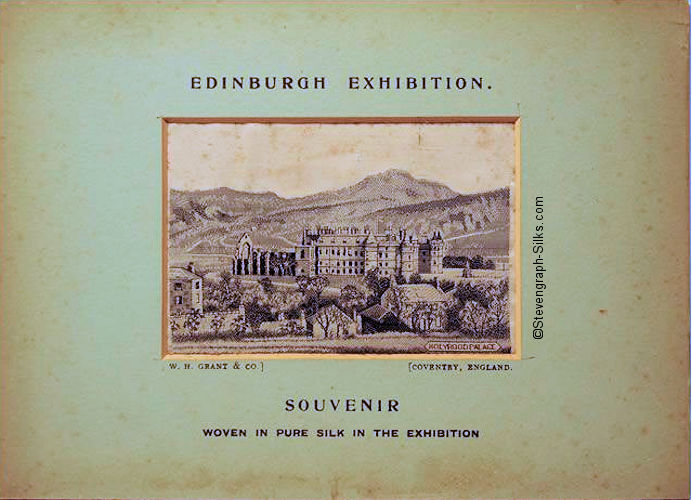 image of Holyrood Palace, Edinburgh, with printed title above silk picture
