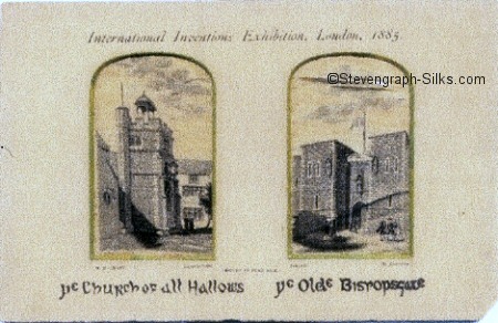 Two silk pictures in one frame, with the titles, 'Ye Church of All Hallows' and 'Ye Olde Bishopsgate' written below