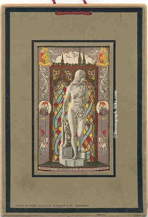 Lady Godiva statue, originally located in St. Mary's Hall, Coventry, with her back towards a stained glass window.