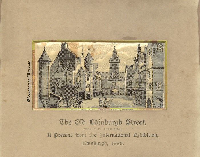 Image of a street scene, titled 'The Old Edinburgh Street'.  Being one of the series of six silk pictures normally framed together under the collective title of 'A Present from the International Exhibition, Edinburgh, 1886'