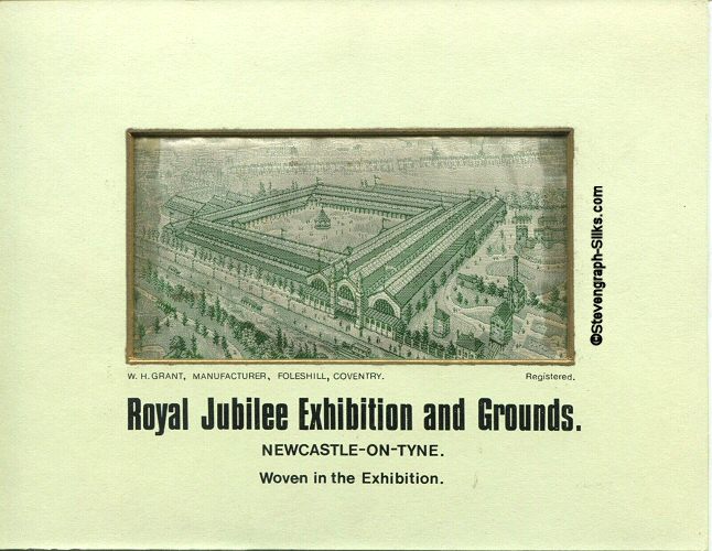 Image of an aerial view of the exhibition grounds, woven in green silk thread