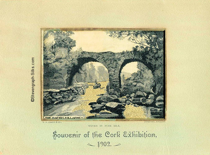 view of a bridge and rapids, with woven title "Rapids Killarney" and full printed title