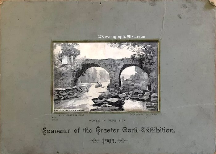 view of a bridge and rapids, with woven title "Rapids Killarney" and full printed title