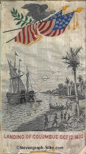 close up of this silk of a view of Columbus landing with his men