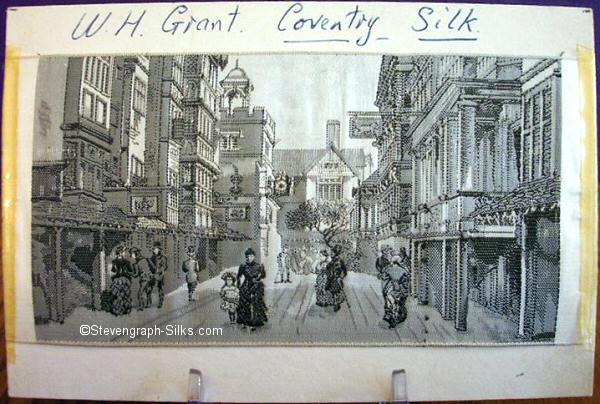 silk picture of an old street scene, titled, Ye Olde London Streete