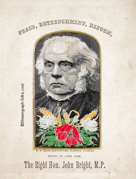 colour portrait of John Bright, M.P., with flowers, poppy and corn ears